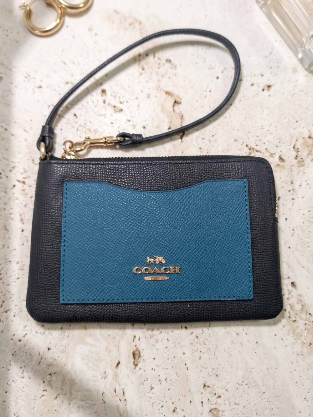 Coach Colorblock Crossgrain Leather Corner Zip Wristlet Black Teal Gold Hardware
